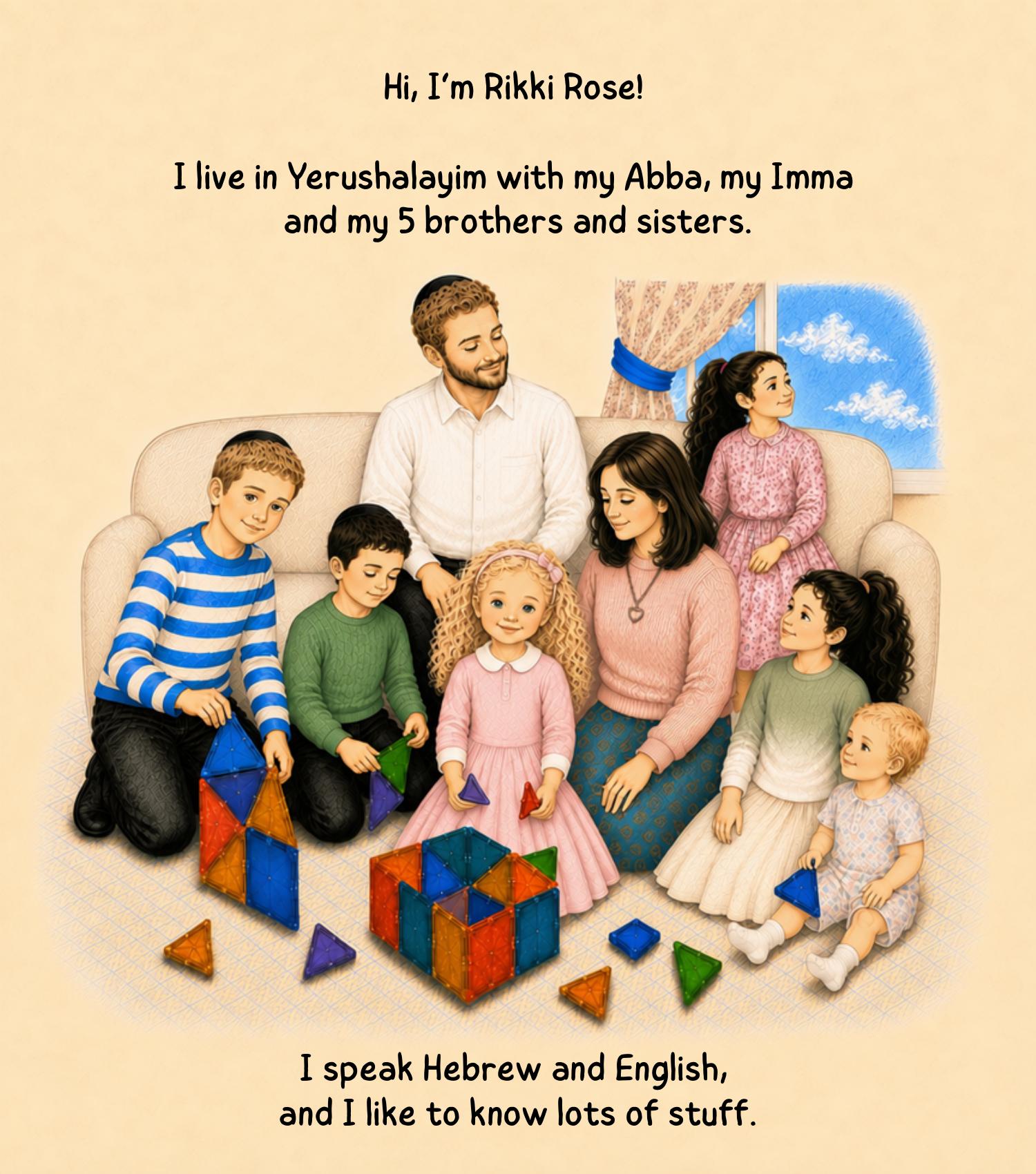 Hi, I'm Rikki Rose! I live in Yerushalayim with my Abba, my Imma and my 5 brothers and sisters.